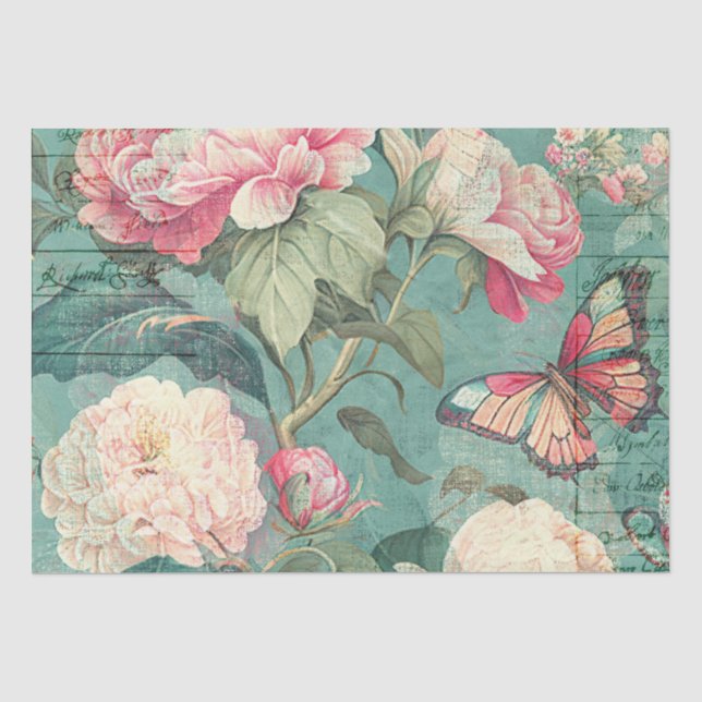 Papier Mousseline Papillon rose de pivoine Turquoise de découpage (Recto)
