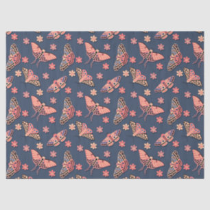 Papier Mousseline Papillon rose motif floral sur bleu minuit