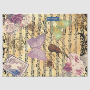Papier Mousseline Papillon, Roses et notes Ephémère