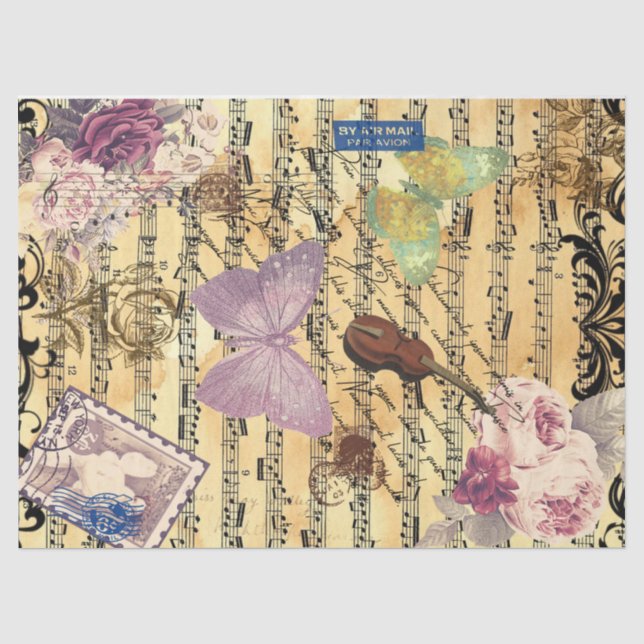 Papier Mousseline Papillon, Roses et notes Ephémère (Recto)
