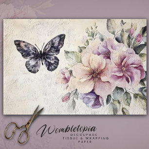 Papier Mousseline Papillon vintage avec Fleurs violettes Découpage