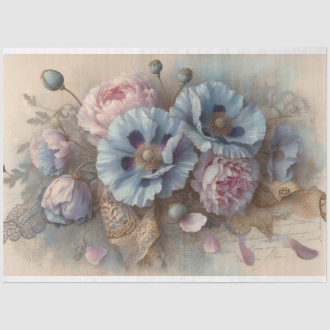 Papier Mousseline Papillons bleus français Pies roses Découpage (Recto)