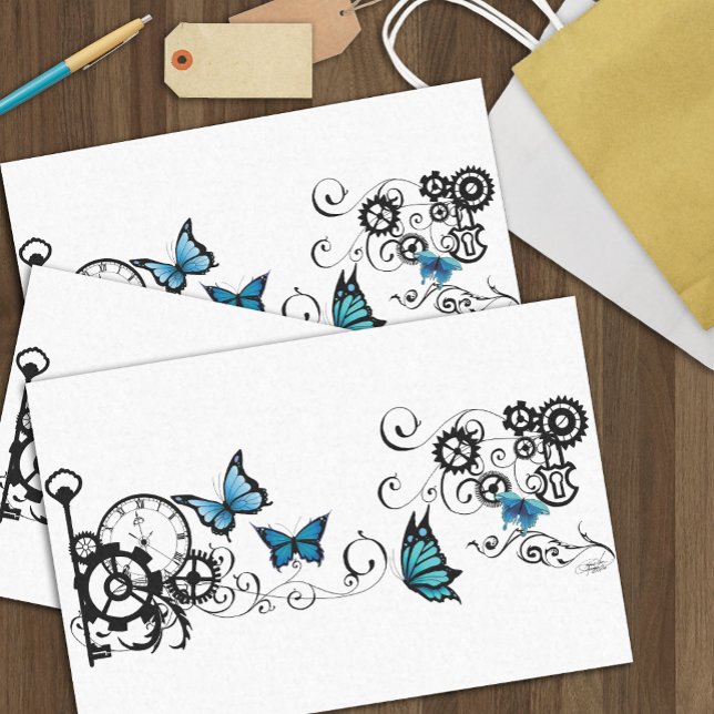 Papier Mousseline Papillons bleus tribaux Steampunk Engrenage Tourbi (Créateur téléchargé)