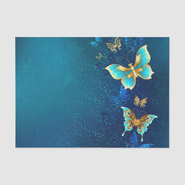 Papier Mousseline Papillons d'or sur un Arrière - plan bleu (Recto)