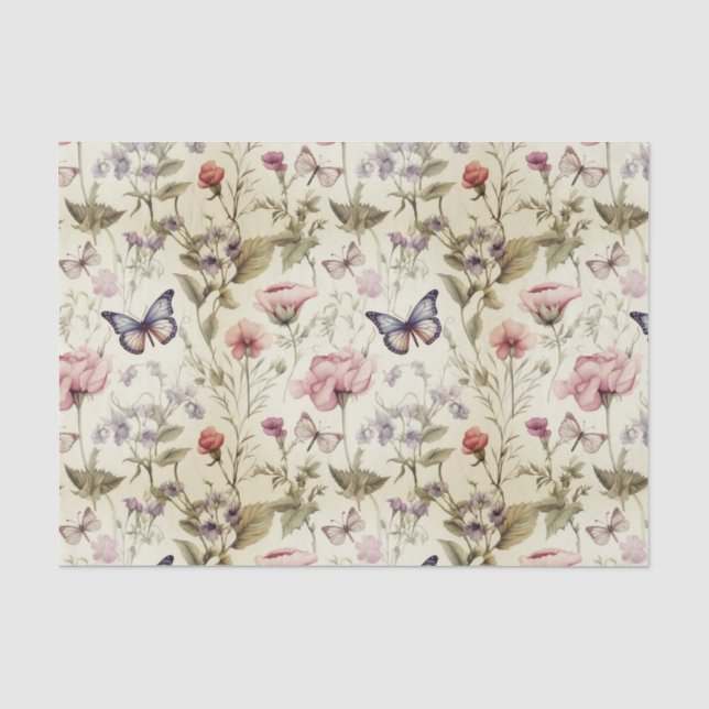 Papier Mousseline Papillons et fleurs antiques Découpage (Recto)
