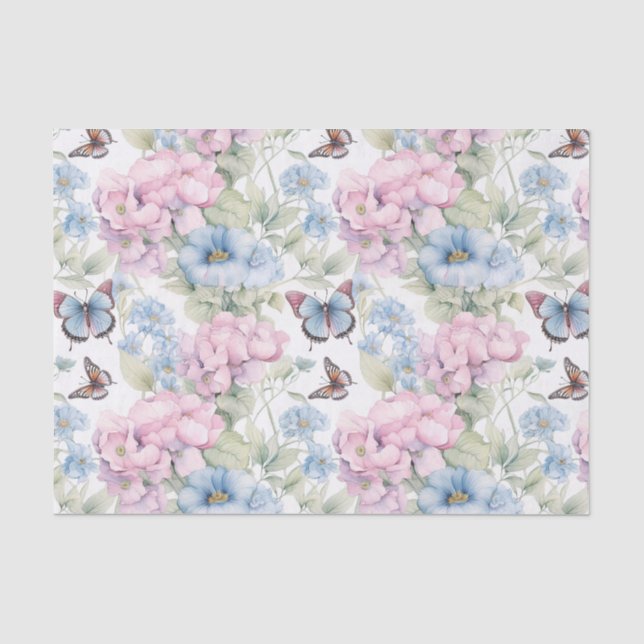 Papier Mousseline Papillons et fleurs violets et bleus Découpage (Recto)