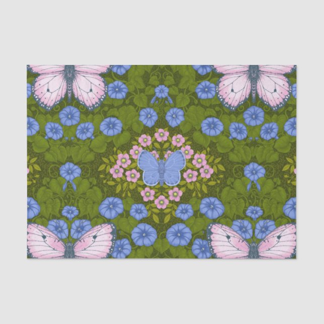 Papier Mousseline Papillons et symétrie des fleurs, bleu et rose (Recto)