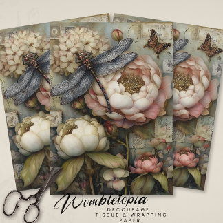 Papier Mousseline Papillons fantaisistes de pivoine et libellule pou