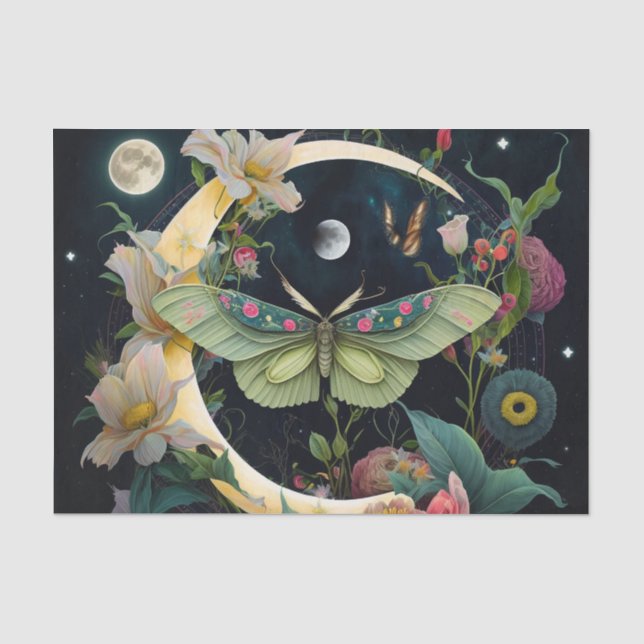 Papier Mousseline Papillons, Fleurs et Lune (Recto)
