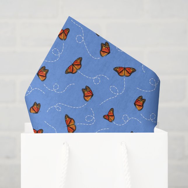 Papier Mousseline papillons Monarch aérés motif bleu  (Sac cadeau)