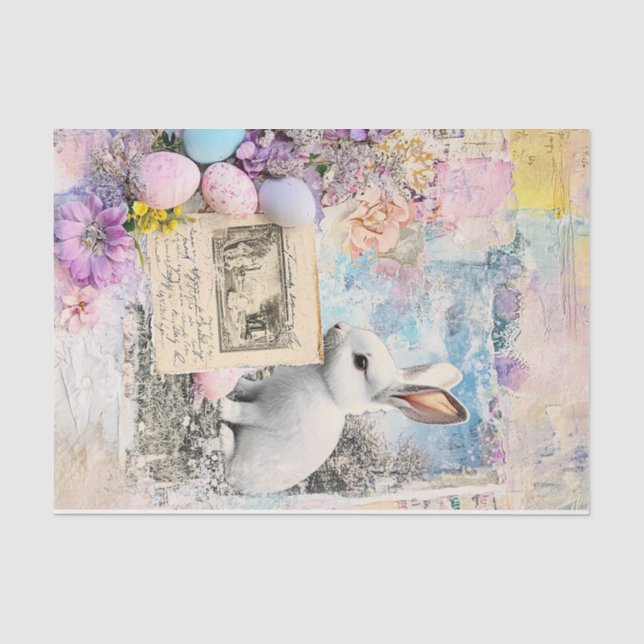 Papier Mousseline Pâques printanières : lapin, fleurs et oeufs peint (Recto)