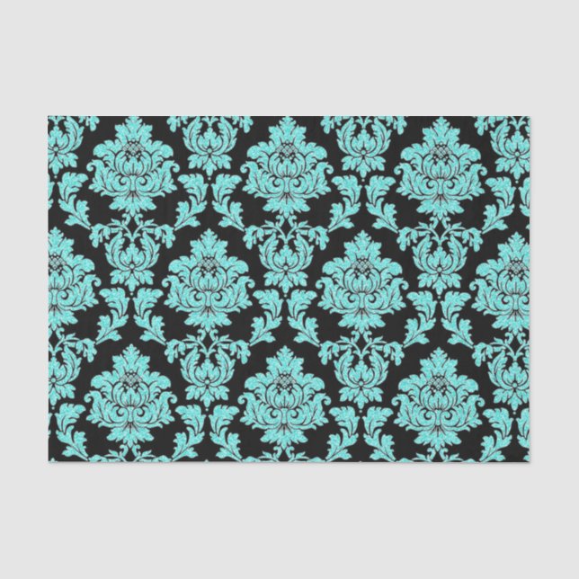 Papier Mousseline Parties scintillant d'eau turquoise noir damassé (Recto)