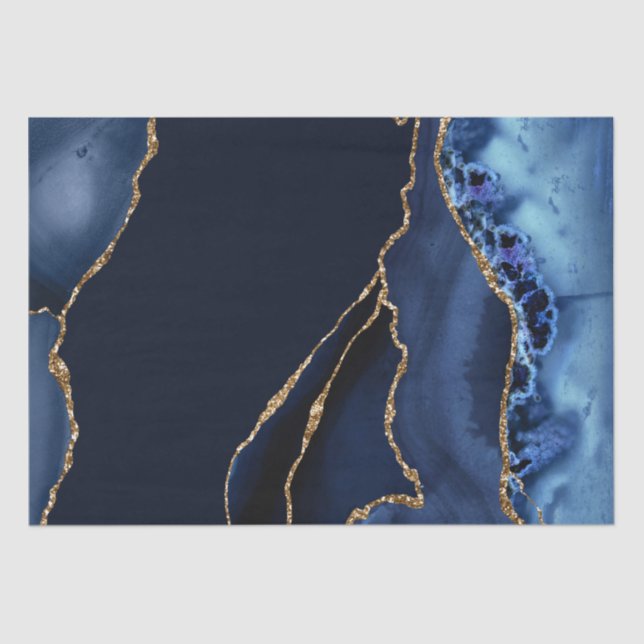 Papier Mousseline Parties scintillant en marbre Bleu et Faux Or (Recto)