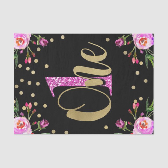 Papier Mousseline Parties scintillant rose ONE Floral noir 1er anniv (Recto)