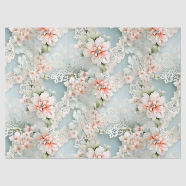 Papier Mousseline Pastel Blue & Rose Victorian Flores & Dentelles (Recto)