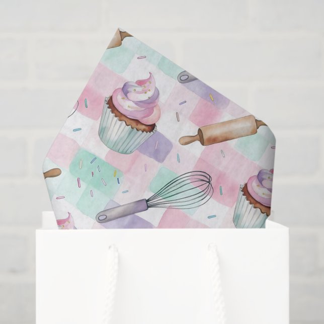 Papier Mousseline Pastel Pink & Mint Cupcake Baking Pattern (Sac cadeau)