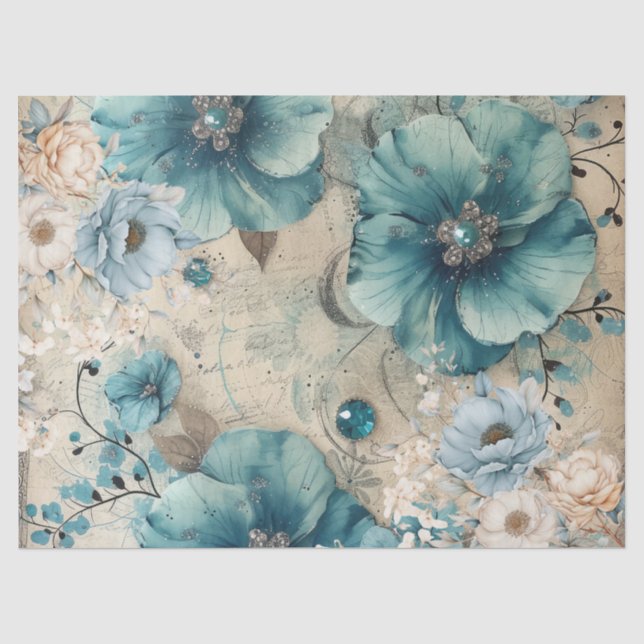 Papier Mousseline Pastel Turquoise et bleu Aquarelle Flores Papier T (Recto)
