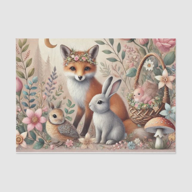 Papier Mousseline Pastel Woodland Wildlife Floral Tissu Papier (Recto)