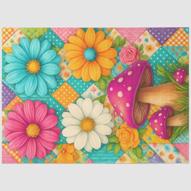 Papier Mousseline Patchwork Garden – Whimsical Floral & Mushroom (Recto)