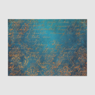 Papier Mousseline Patine de cuivre grunge et calligraphie turquoise