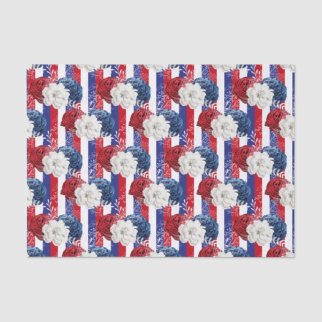 Papier Mousseline Patriotique Rouge Bleu Bleu Rose Frappe Floral (Recto)