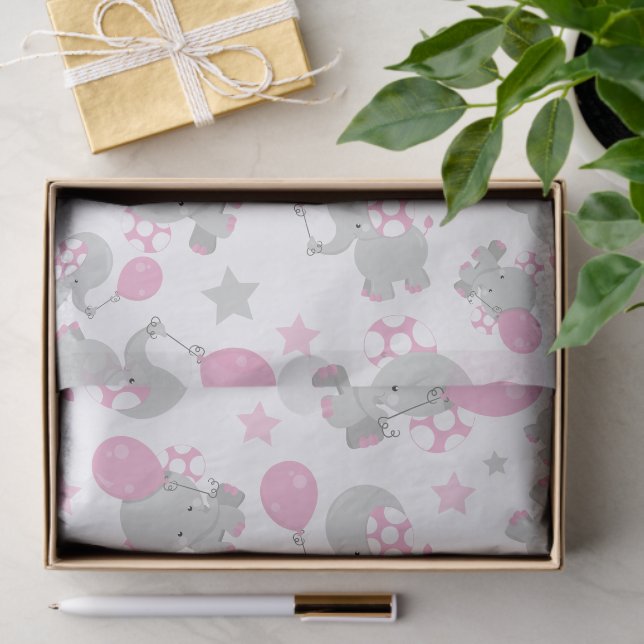 Papier Mousseline Pattern of Elephants, Cute Elephants - Pink Gray (Cadeau)