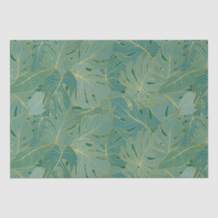 Papier Mousseline Paume vert et or feuille motif