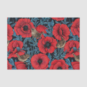 Papier Mousseline Pavot rouge et brunes, feuilles bleus sur noir