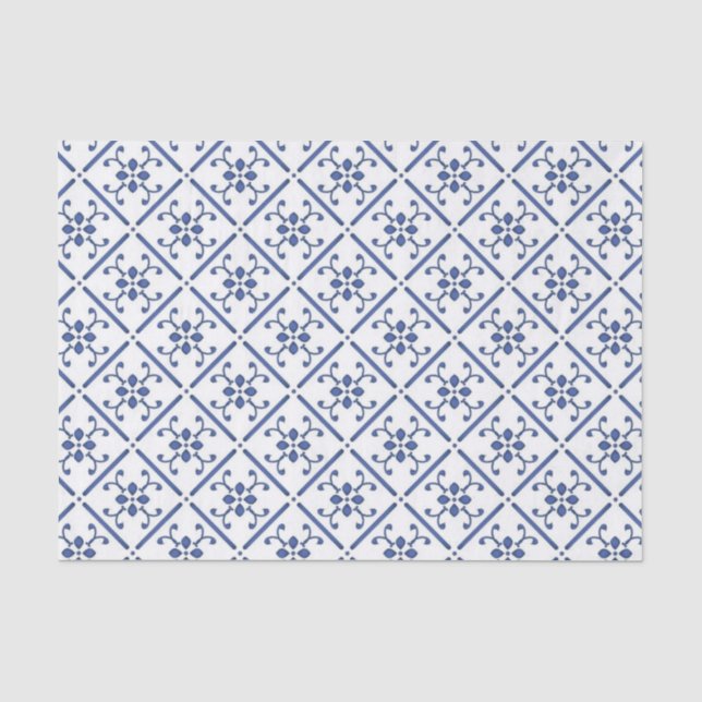 Papier Mousseline Pays Bleu Blanc Motif Carrelage Méditerranée (Recto)