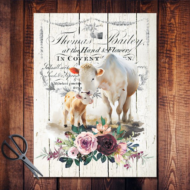 Papier Mousseline Pays Français Floral Charolais Vaches (Créateur téléchargé)