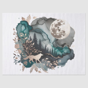 Papier Mousseline Paysage de loup et lune or Turquoise