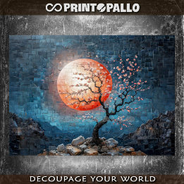Papier Mousseline Paysage en mosaïque avec soleil rouge et cerisier