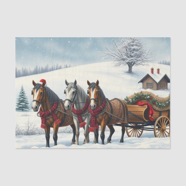 Papier Mousseline Paysage hivernal avec chevaux et Cabine (Recto)