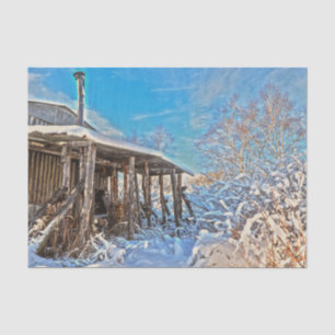Papier Mousseline Paysage hivernal rustique de cabane enneigée sous