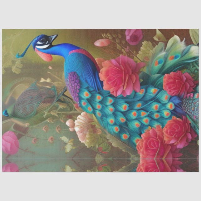 Papier Mousseline Peacock Bleu, Jardin Rose (Recto)