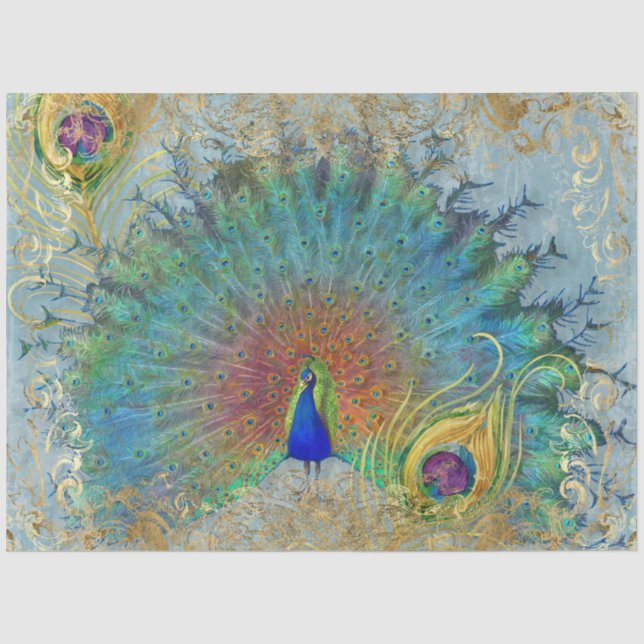 Papier Mousseline Peacock Blue Turquoise Gold Rococo Plumes de défil (Recto)