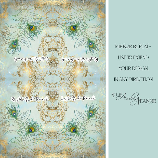 Papier Mousseline Peacock Feathers Gold et Dusty Blue Decoupage (Créateur téléchargé)