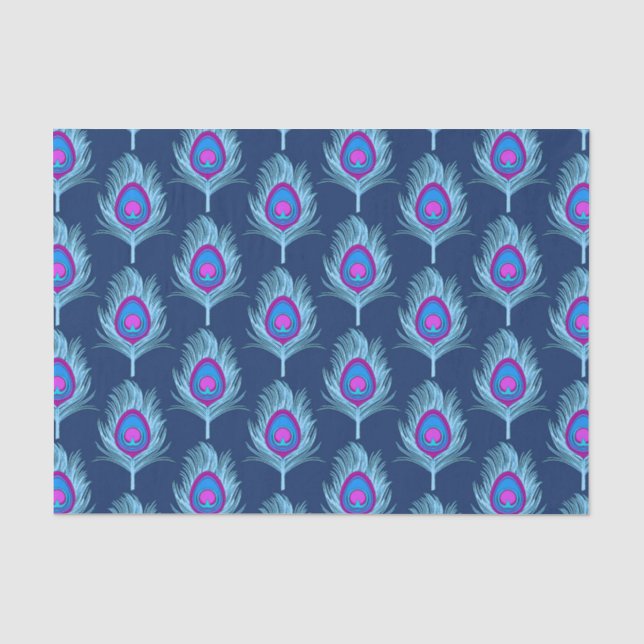 Papier Mousseline Peacock Feathers, Navy et Pastel Blue (Recto)