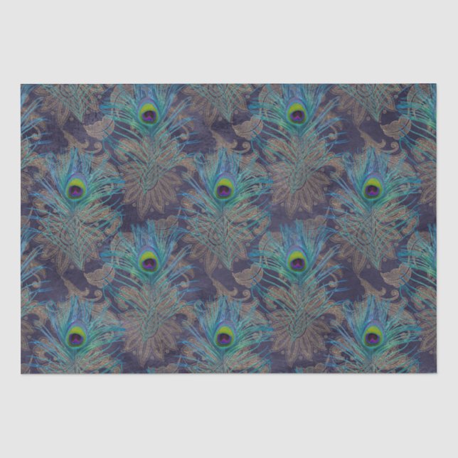 Papier Mousseline Peacock plumes paisley violet turquoise or boho (Recto)