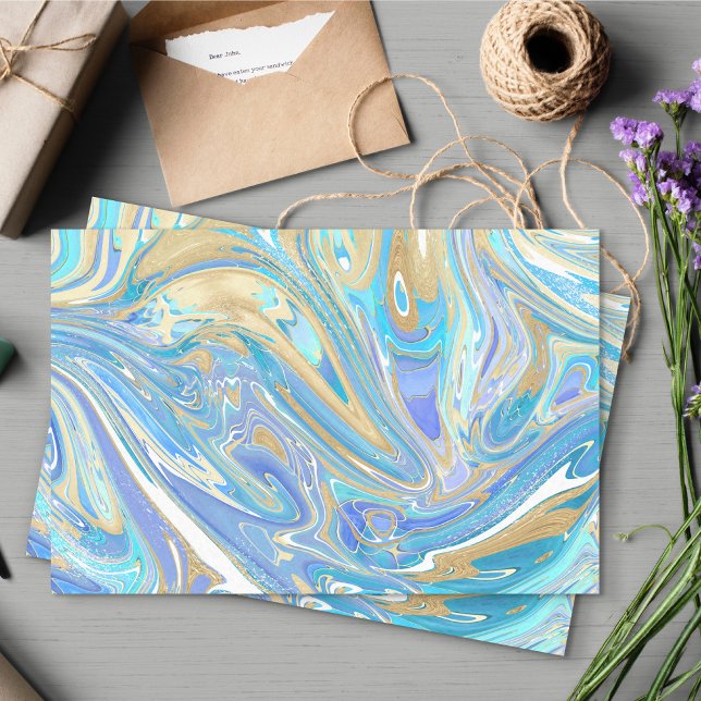 Papier Mousseline Pearlescent Aqua & Gold en marbre liquide (Aqua & Gold Marble Paint Pour Design Tissue Paper)