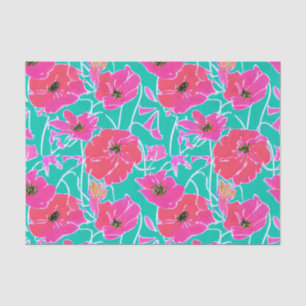 Papier Mousseline Peinture Anémonique Motif rose & Aqua Floral