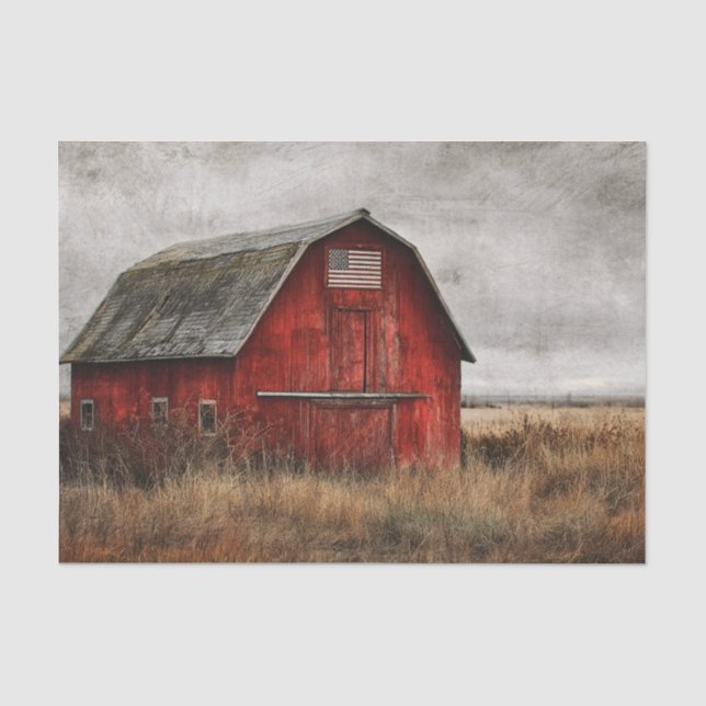 Papier Mousseline Peinture frappante d'une grange rouge avec drapeau (Recto)