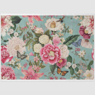 Papier Mousseline peonées à arrangement floral sur tissu aqua