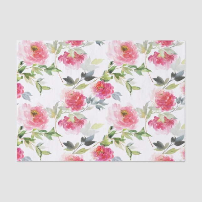 Papier Mousseline Peonies d'aquarelle rose et Motif vert (Recto)