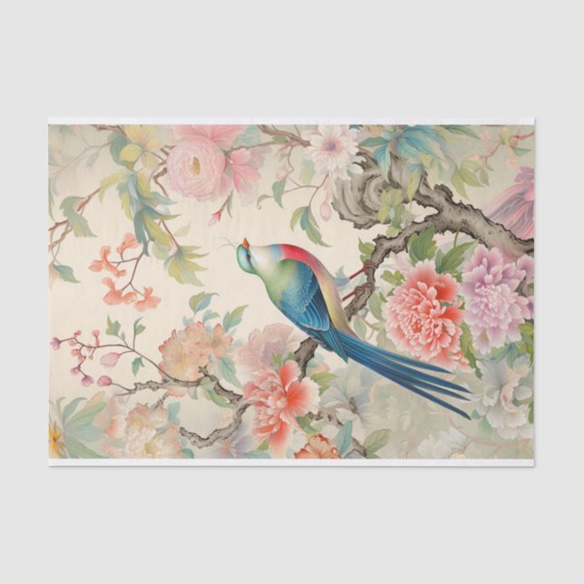 Papier Mousseline Peonies pastel et oiseau de charme (Recto)