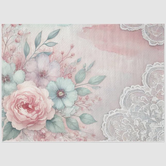 Papier Mousseline Peonies roses et fleurs bleues sur dentelle blanch (Recto)