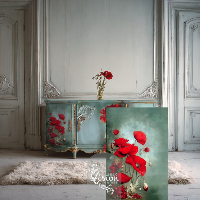 Papier Mousseline Pépites rouges brillantes Turquoise Turquoise (Vibrant Poppies, Botanical Art, Red and turquoise teal, long stem flowers decoupage tissue paper.)