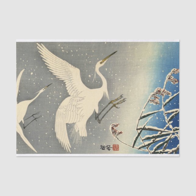Papier Mousseline Perching Herons in Snow par Ohara Koson (Recto)