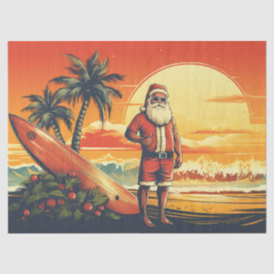 Papier Mousseline Père Noël et Surfboard Retro Surfing Beach Noël