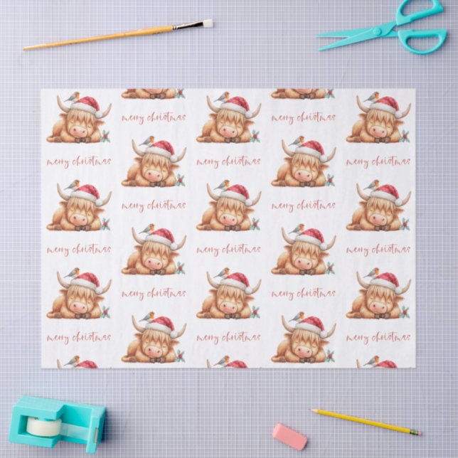 Papier Mousseline Père Noël Sleeping Highland Vache Script Joyeux No (Artisanat)